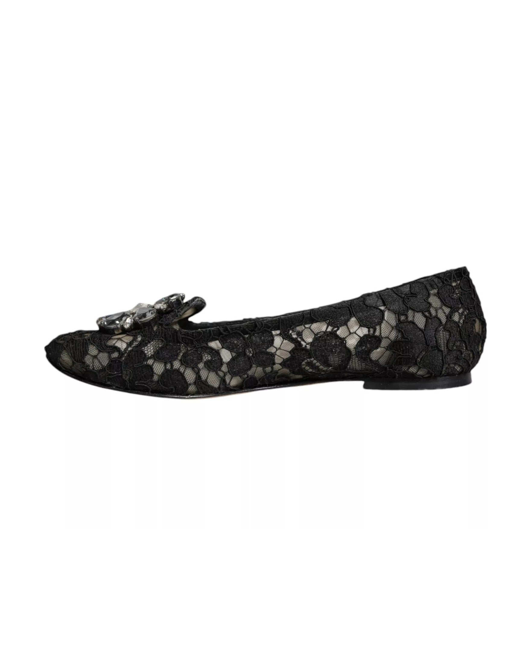 Dolce & Gabbana Black Lace Crystal Ballet Flats Loafer Shoes Glam Steals