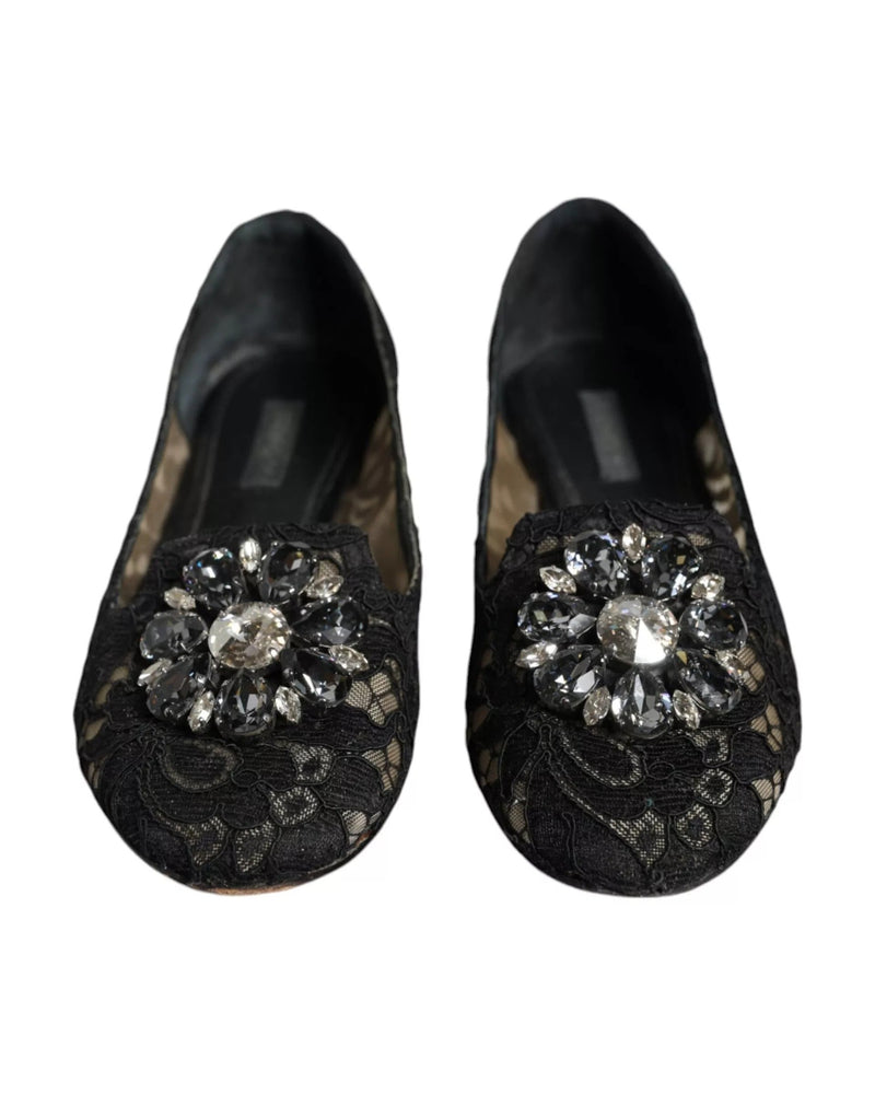 Dolce & Gabbana Black Lace Crystal Ballet Flats Loafer Shoes Glam Steals