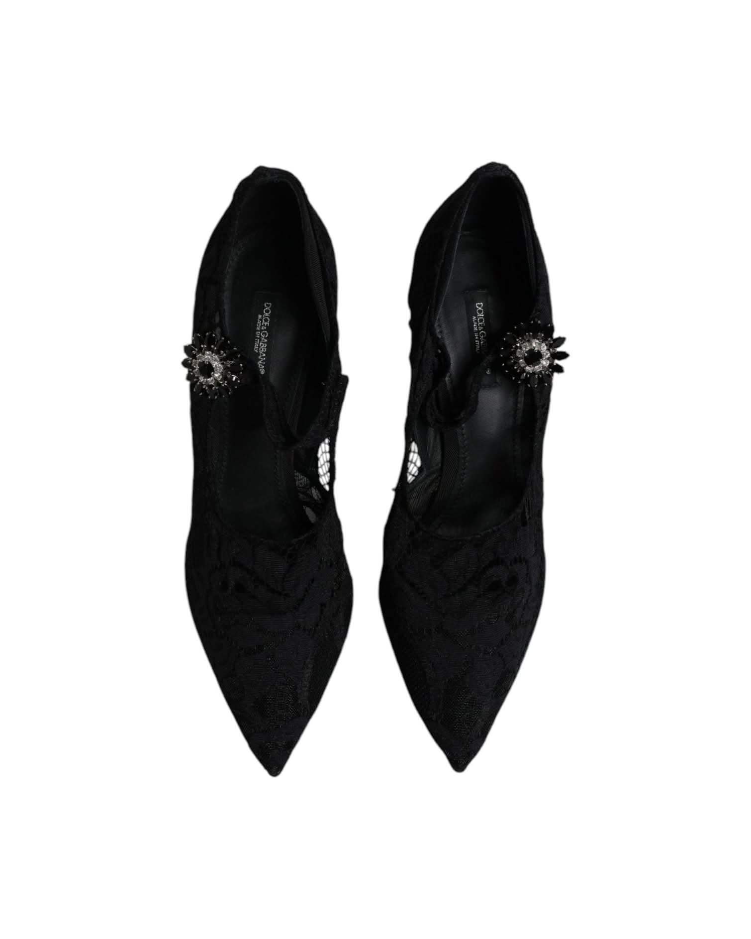 Dolce & Gabbana Black Lace Crystals Mary Jane Pumps Shoes Heels