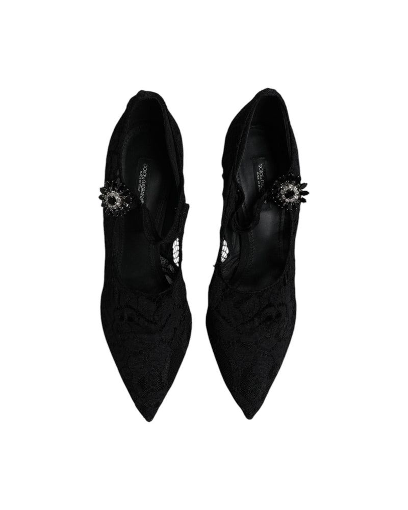 Dolce & Gabbana Black Lace Crystals Mary Jane Pumps Shoes Heels