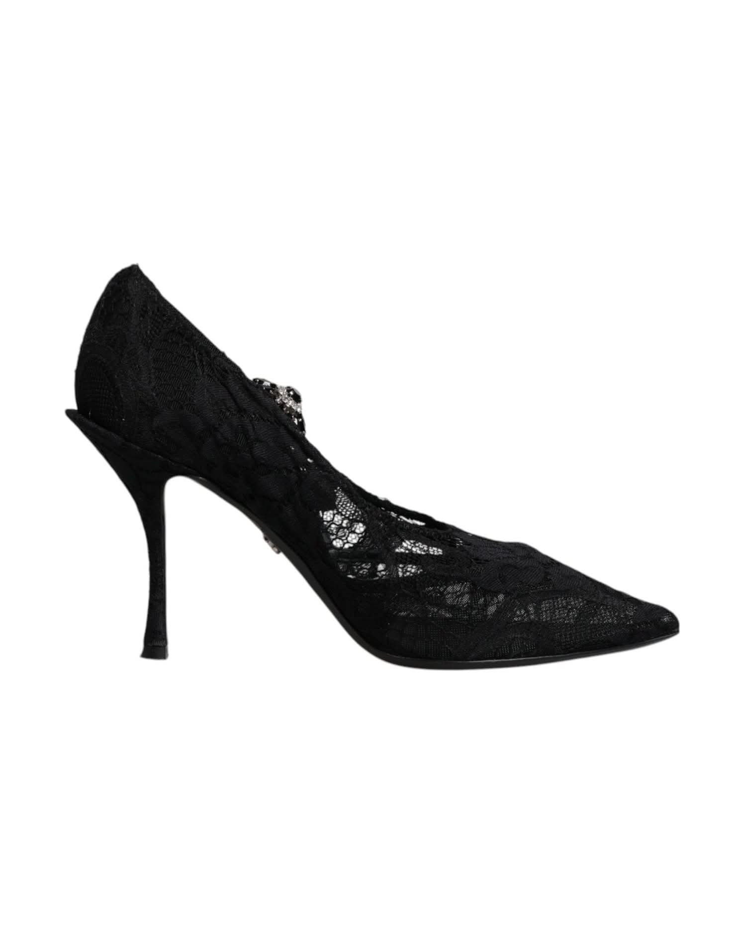Dolce & Gabbana Black Lace Crystals Mary Jane Pumps Shoes Heels