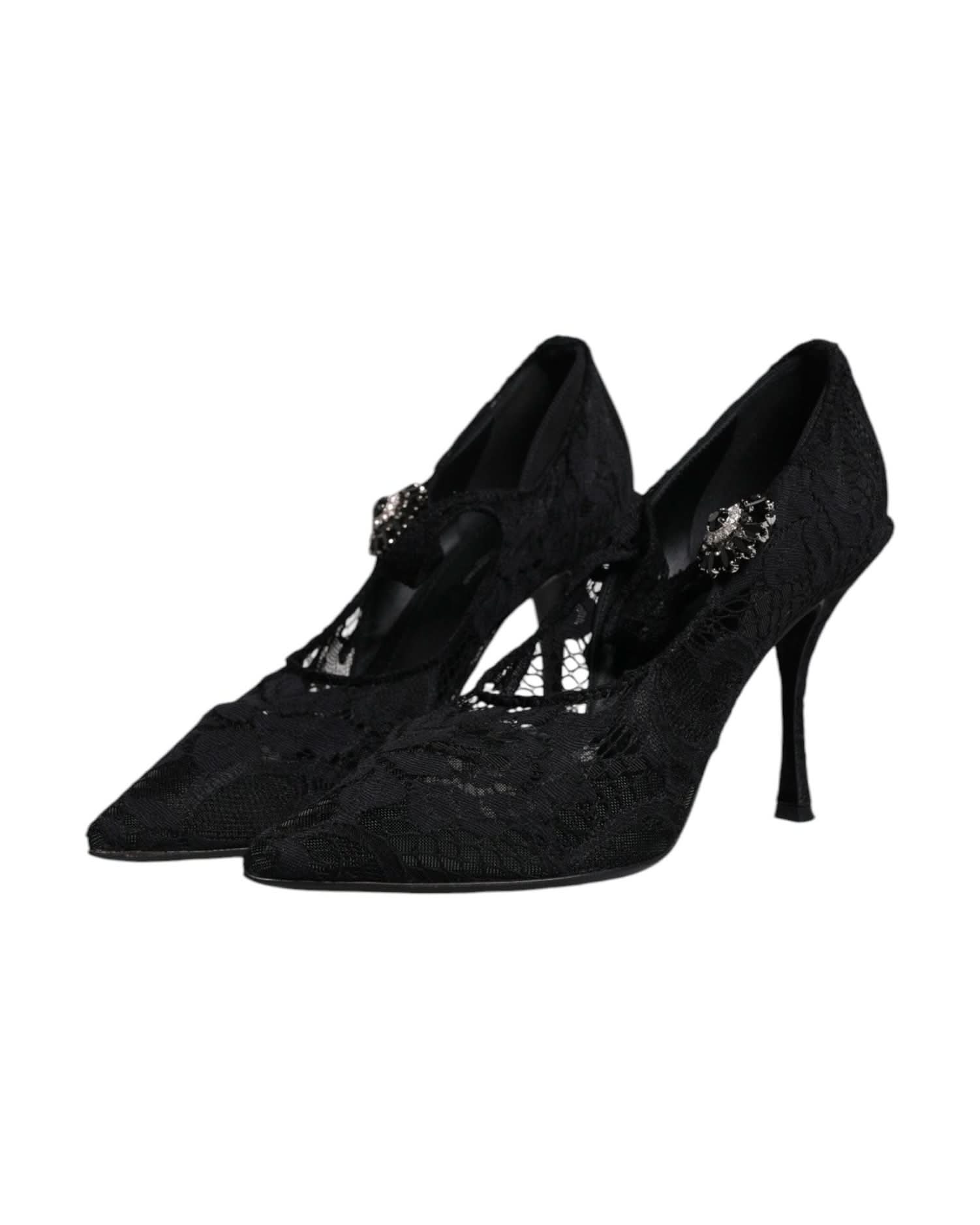 Dolce & Gabbana Black Lace Crystals Mary Jane Pumps Shoes Heels