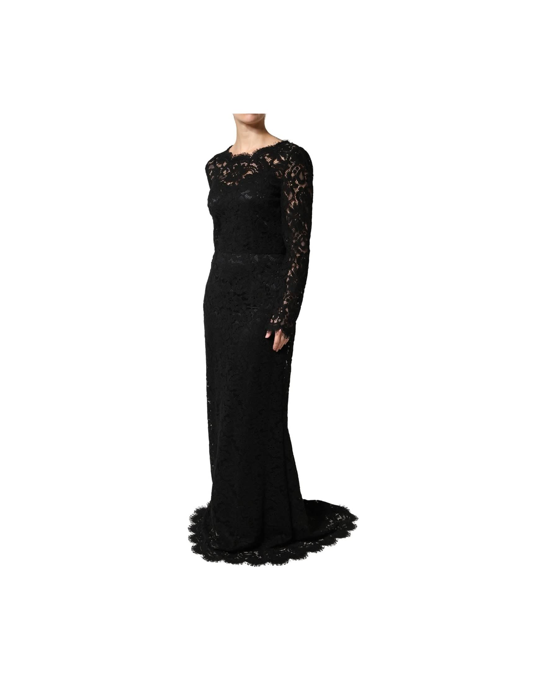 Dolce & Gabbana Black Lace Long Sleeves Cotton Maxi Dress 