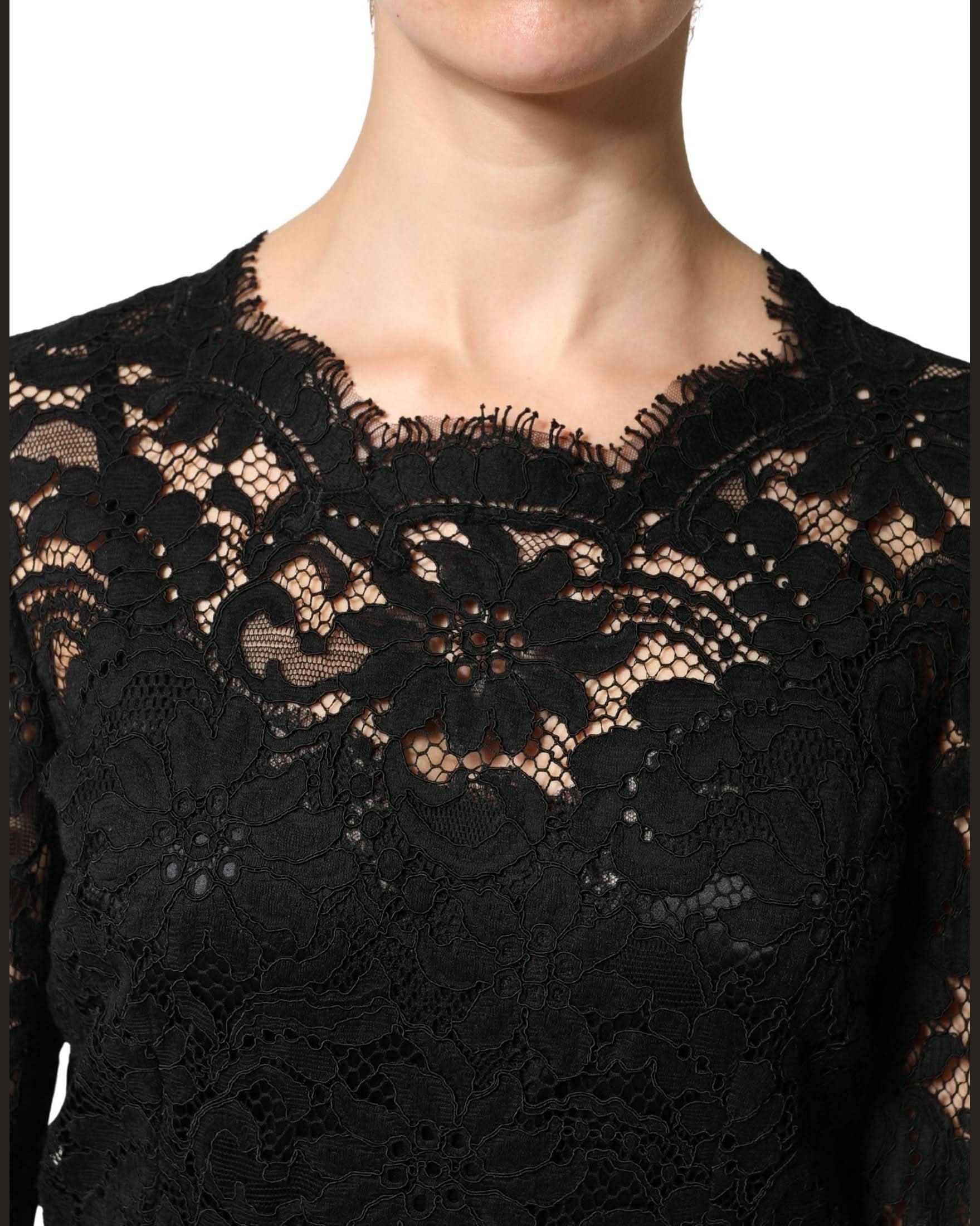 Dolce & Gabbana Black Lace Long Sleeves Cotton Maxi Dress 