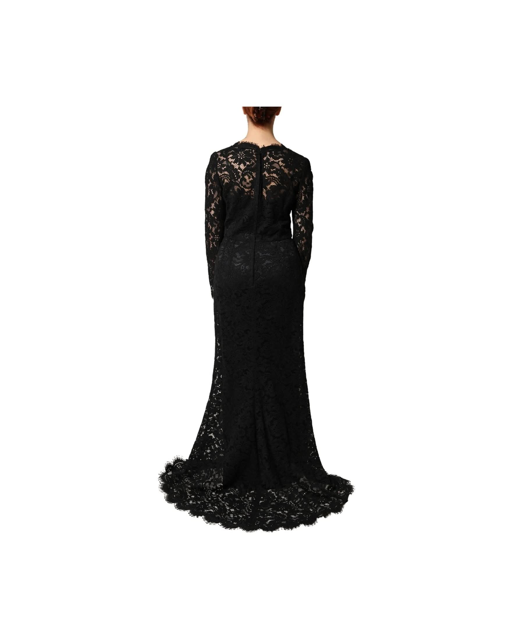 Dolce & Gabbana Black Lace Long Sleeves Cotton Maxi Dress 