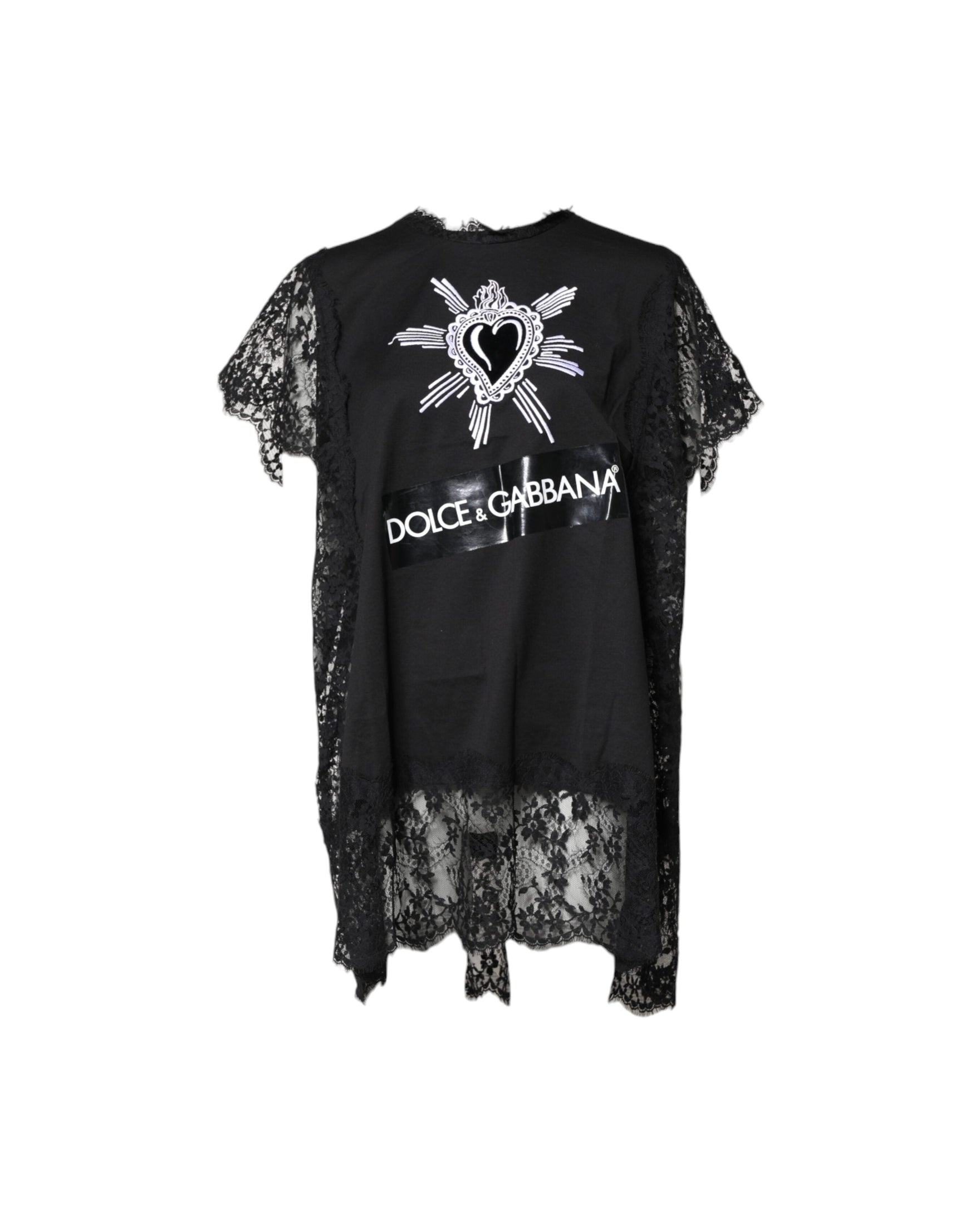 Dolce & Gabbana Black Lace Sheer Sacred Heart Crew Neck Top Glam Steals