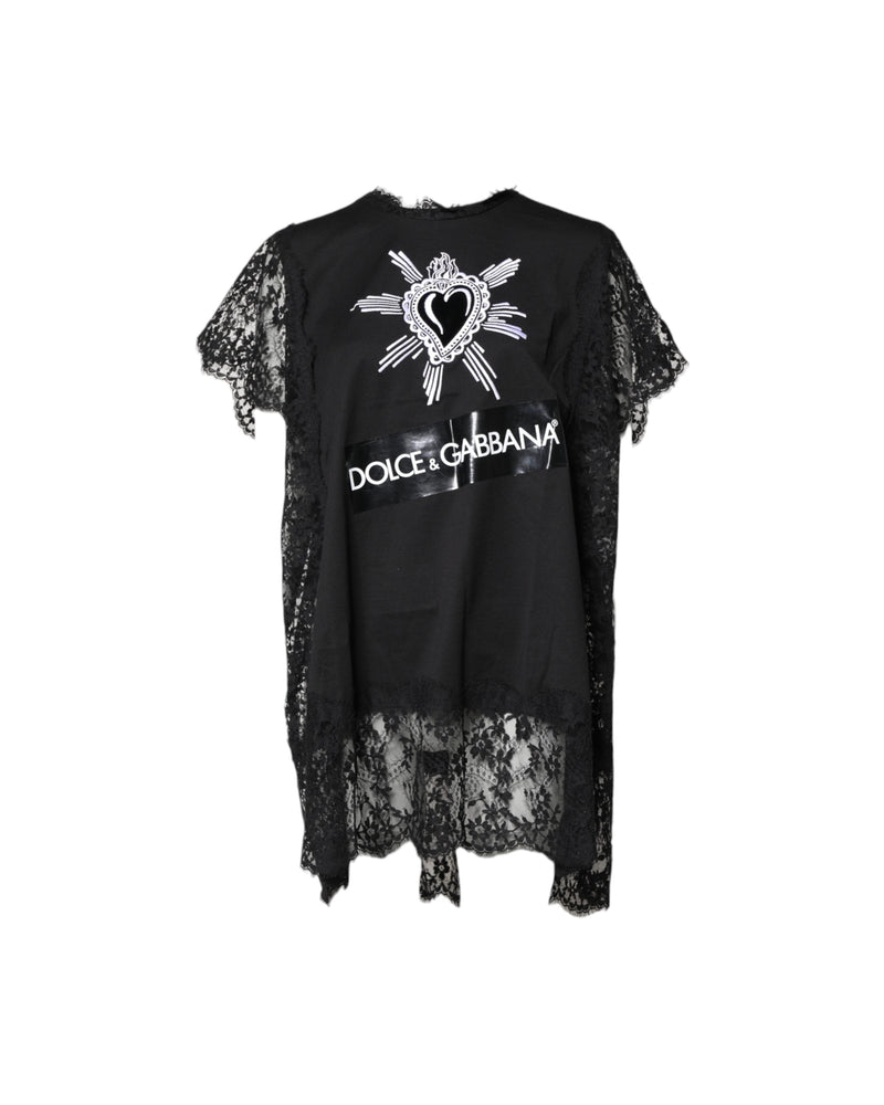 Dolce & Gabbana Black Lace Sheer Sacred Heart Crew Neck Top Glam Steals