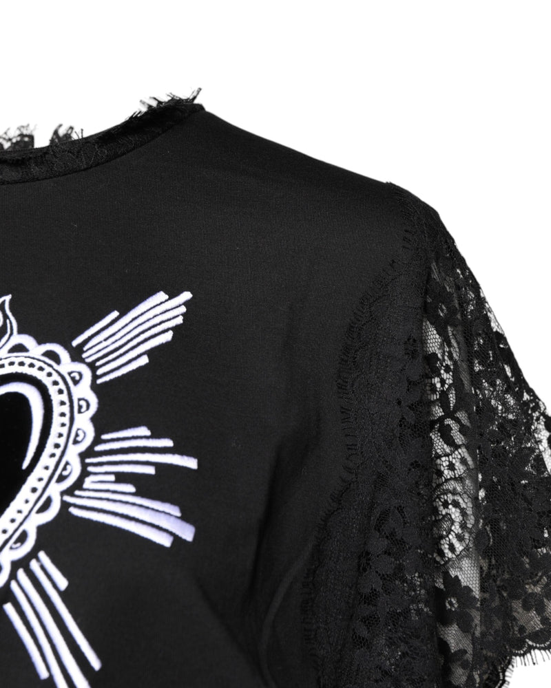 Dolce & Gabbana Black Lace Sheer Sacred Heart Crew Neck Top Glam Steals