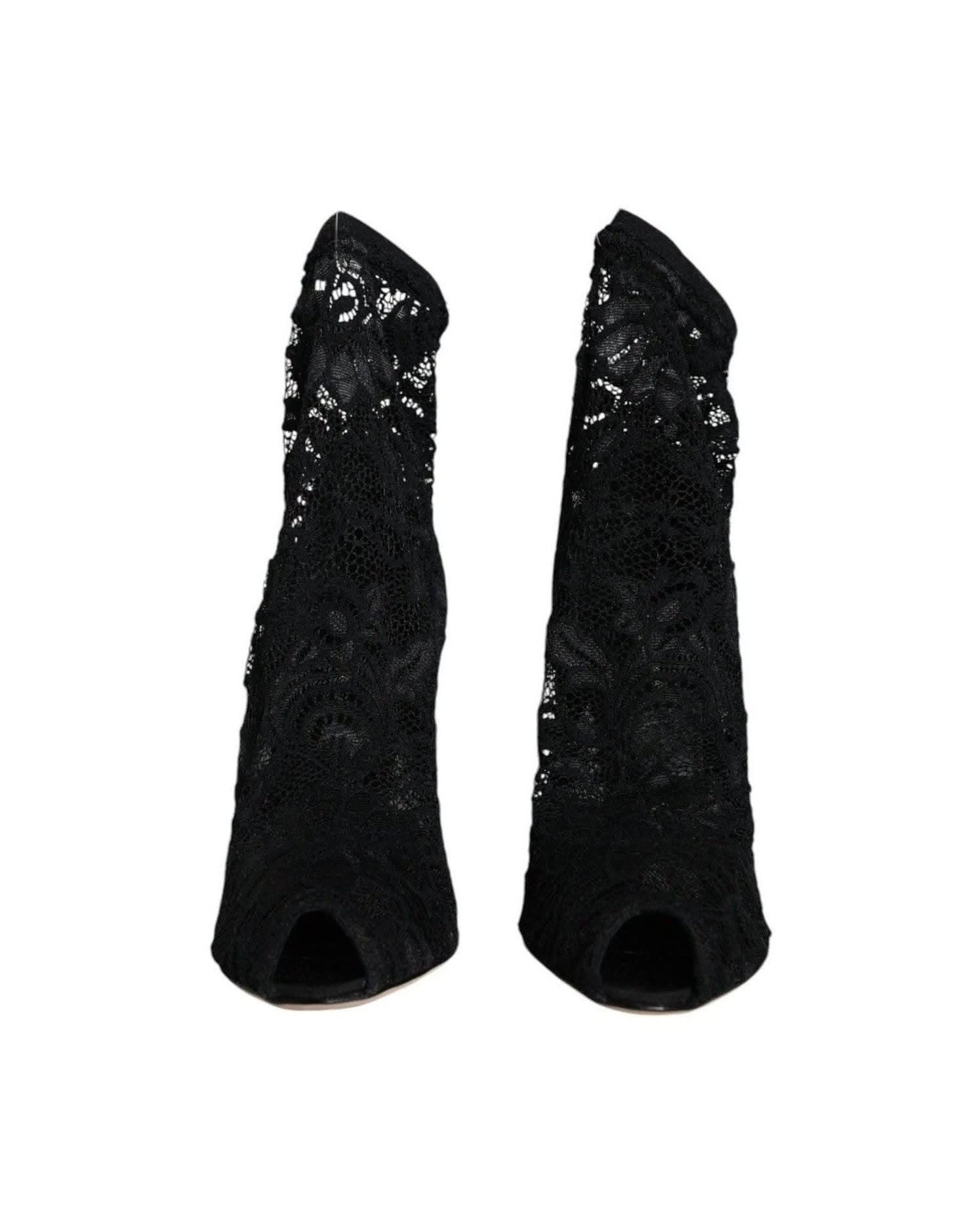Dolce & Gabbana Black Lace Stretch Heels Mid Calf Boot Shoes Boots