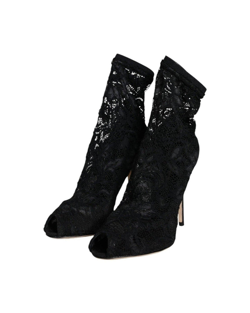 Dolce & Gabbana Black Lace Stretch Heels Mid Calf Boot Shoes Boots