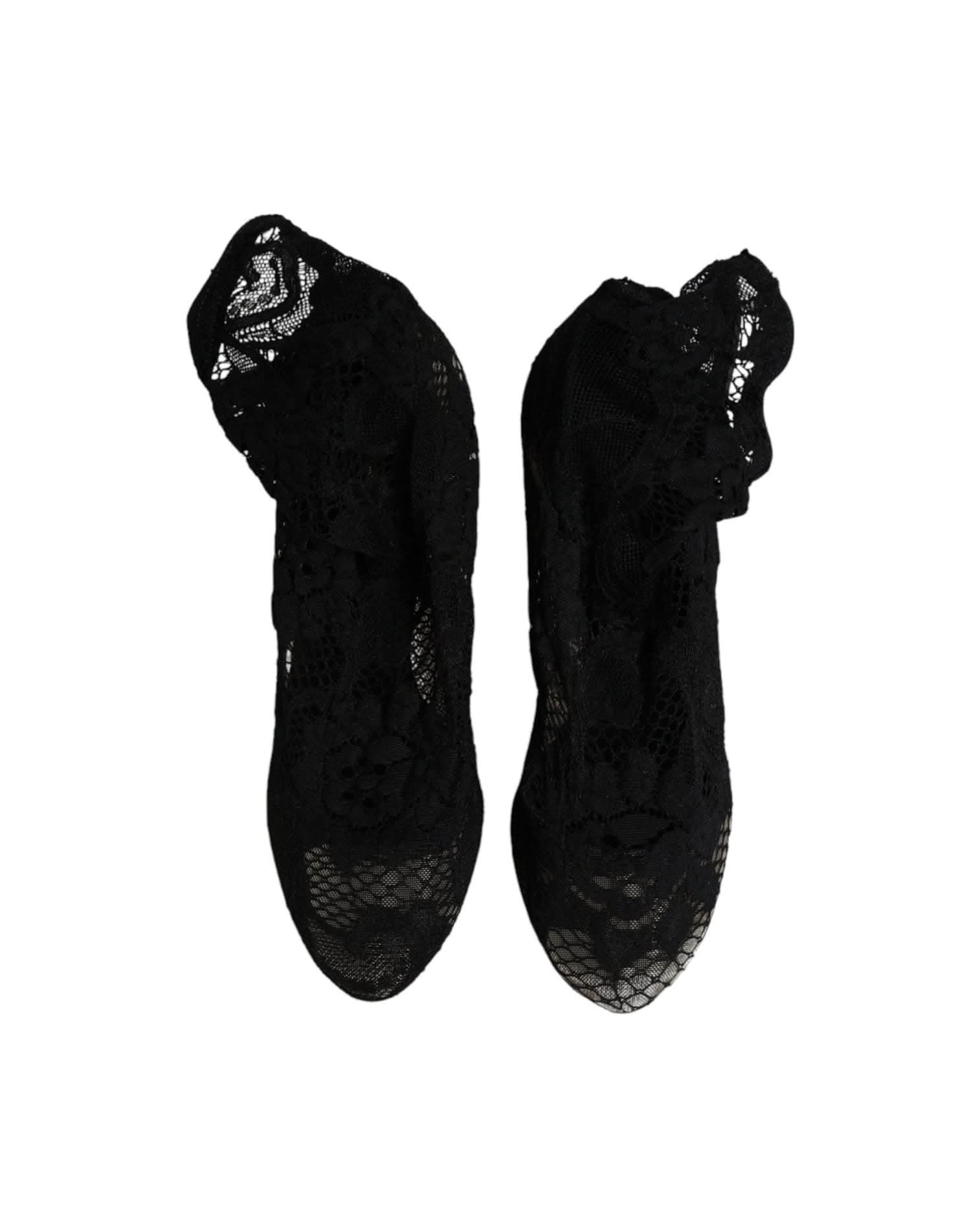 Dolce & Gabbana Black Lace Stretch Heels Mid Calf Boots Shoes Boots