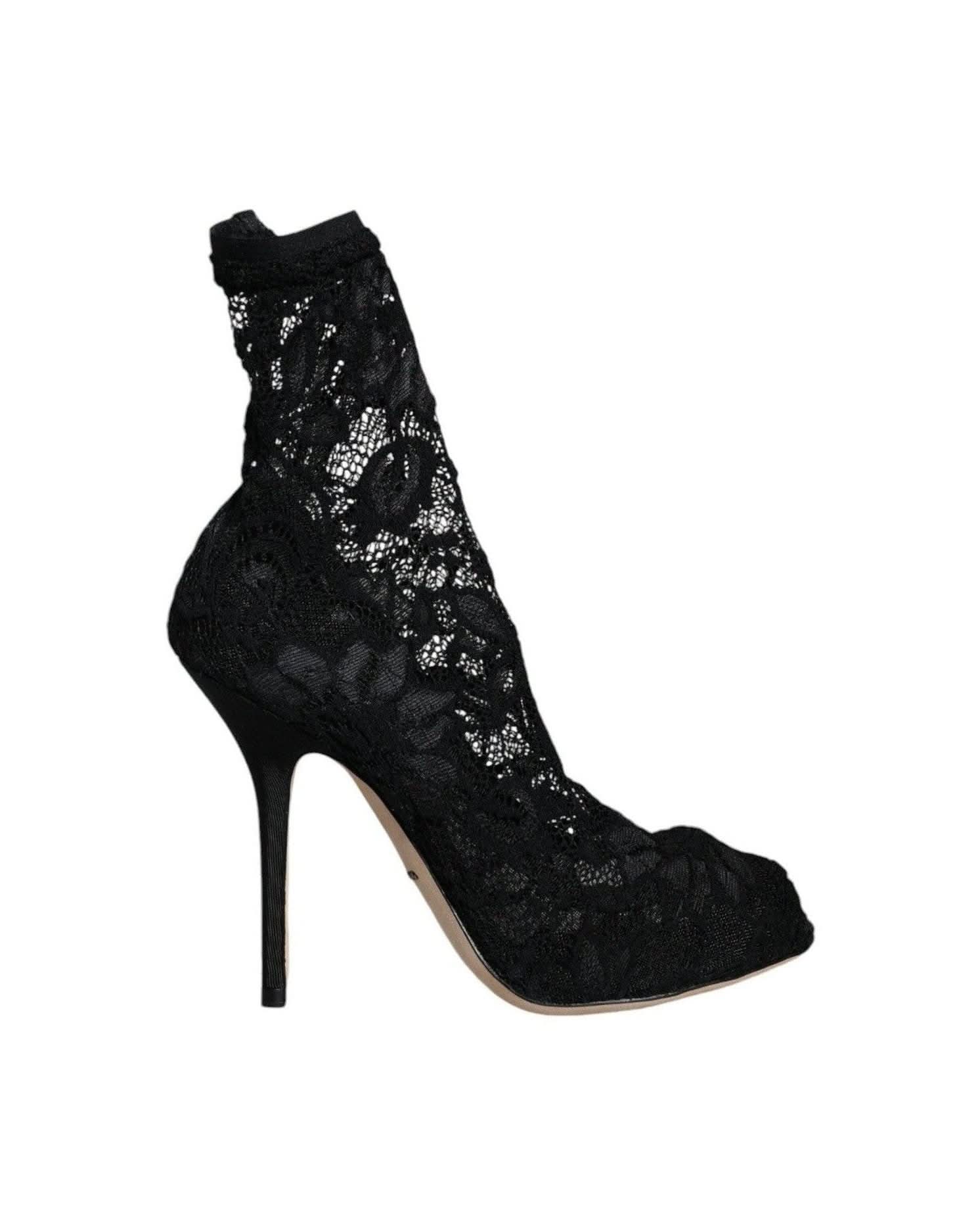 Dolce & Gabbana Black Lace Stretch Heels Mid Calf Boot Shoes Boots