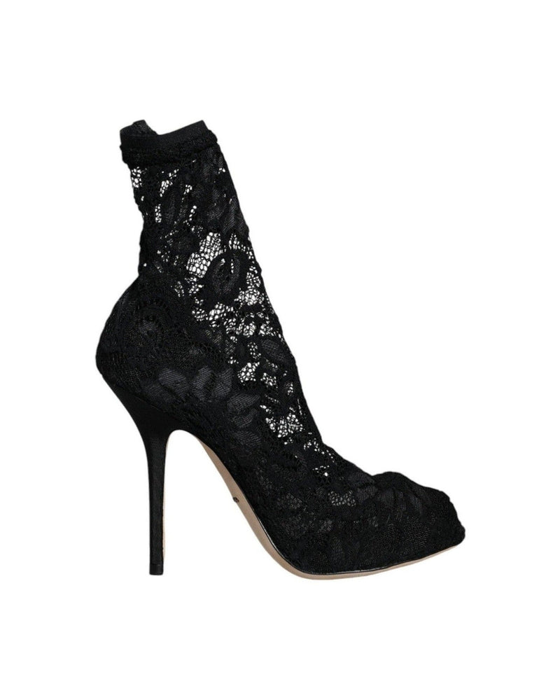 Dolce & Gabbana Black Lace Stretch Heels Mid Calf Boot Shoes Boots
