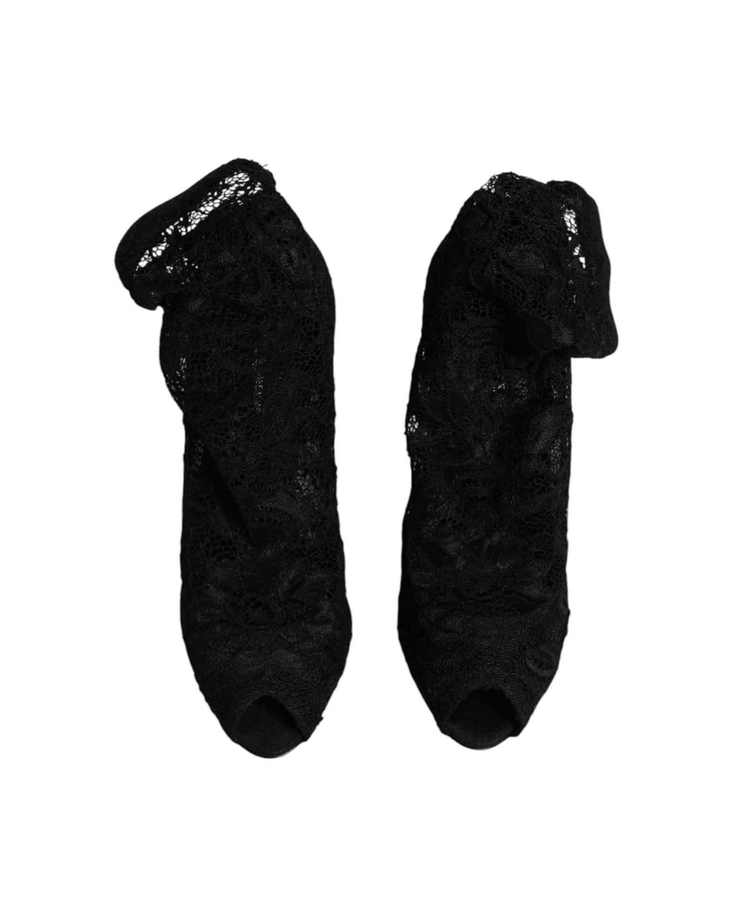 Dolce & Gabbana Black Lace Stretch Heels Mid Calf Boots Shoes Boots