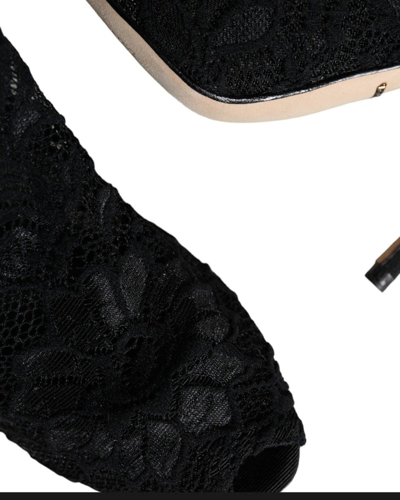 Dolce & Gabbana Black Lace Stretch Heels Mid Calf Boot Shoes Glam Steals