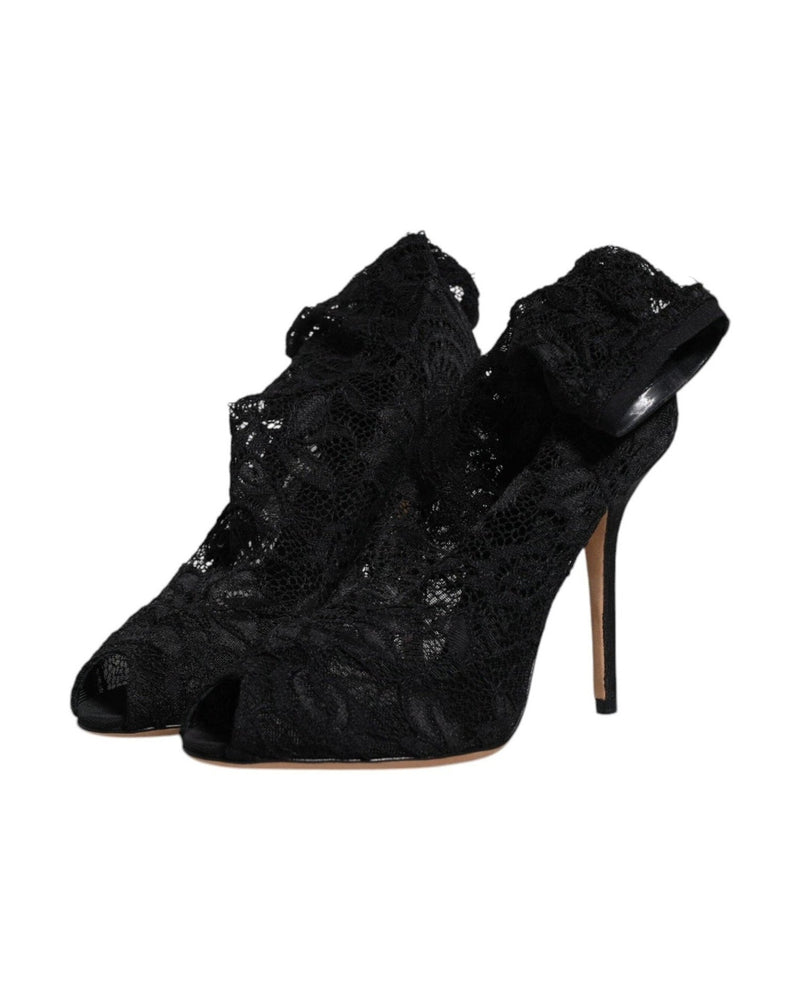 Dolce & Gabbana Black Lace Stretch Heels Mid Calf Boots Shoes Glam Steals