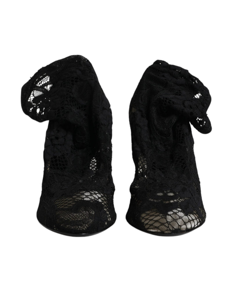 Dolce & Gabbana Black Lace Stretch Heels Mid Calf Boots Shoes Glam Steals