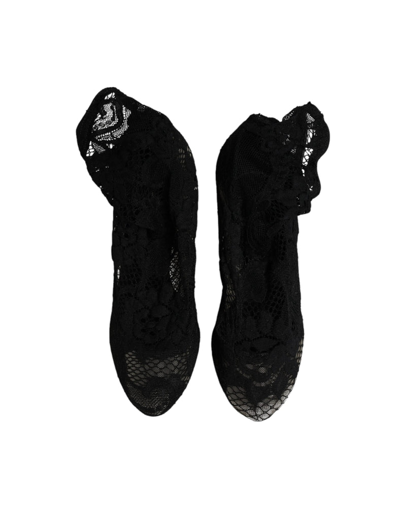 Dolce & Gabbana Black Lace Stretch Heels Mid Calf Boots Shoes Glam Steals