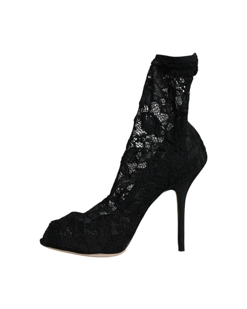 Dolce & Gabbana Black Lace Stretch Heels Mid Calf Boot Shoes Glam Steals