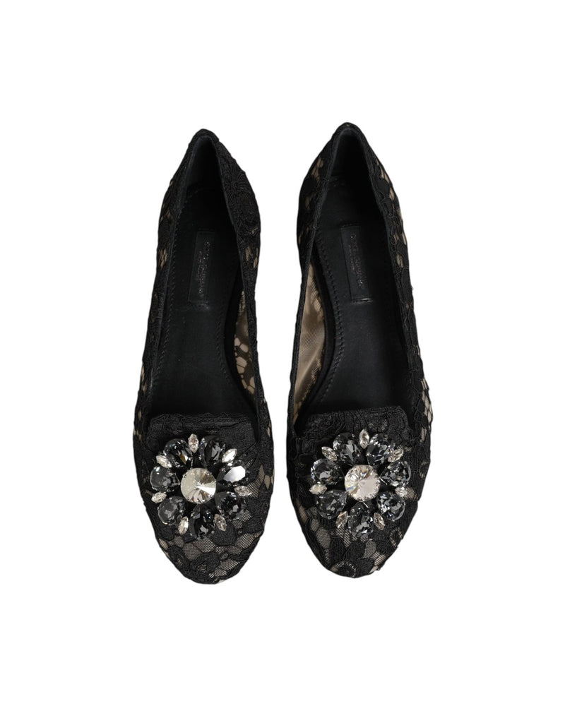 Dolce & Gabbana Black Lace Taormina Crystals Flats Shoes Glam Steals