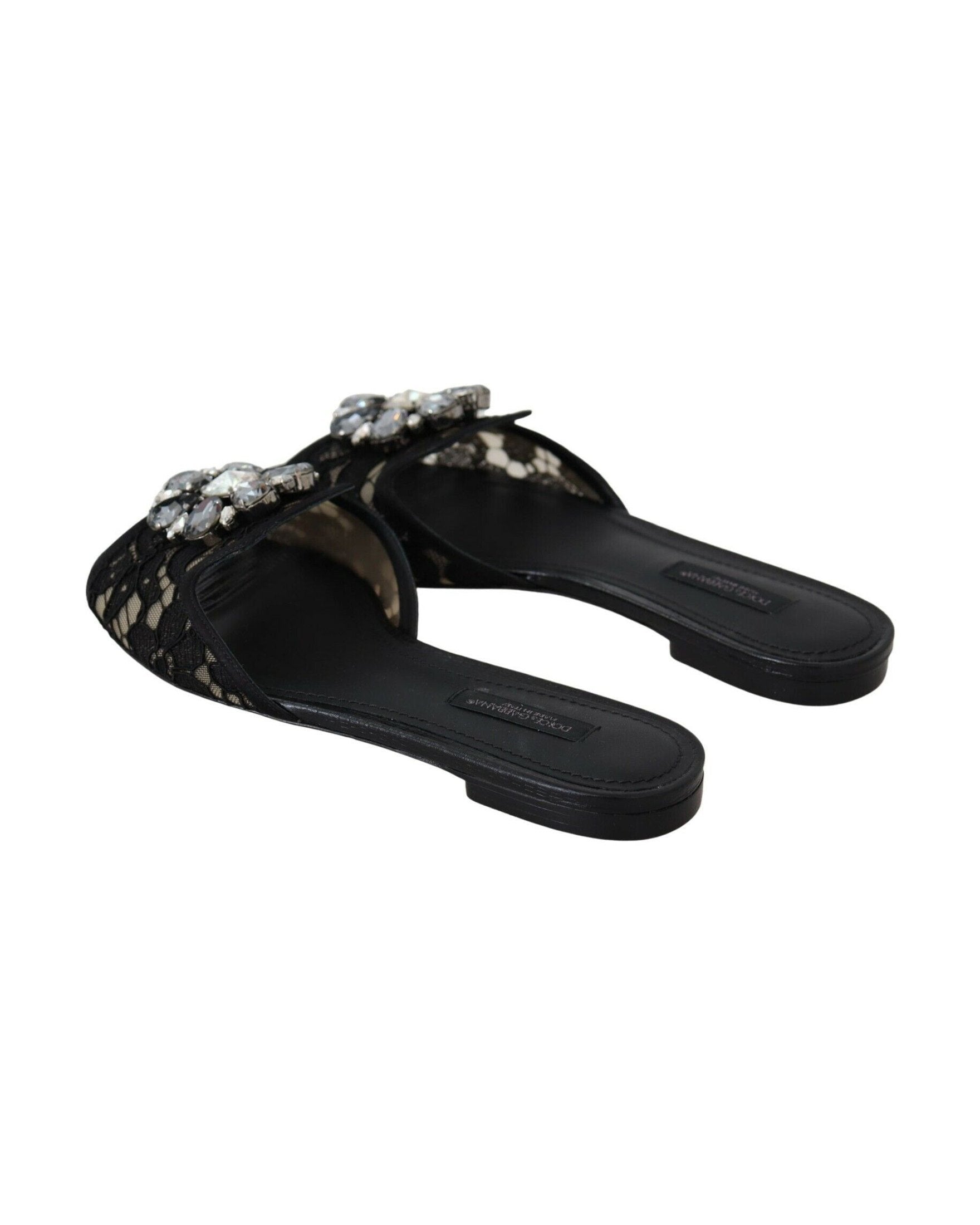 Dolce & Gabbana Black Lace Taormina Slides Crystals Flats Shoes Glam Steals