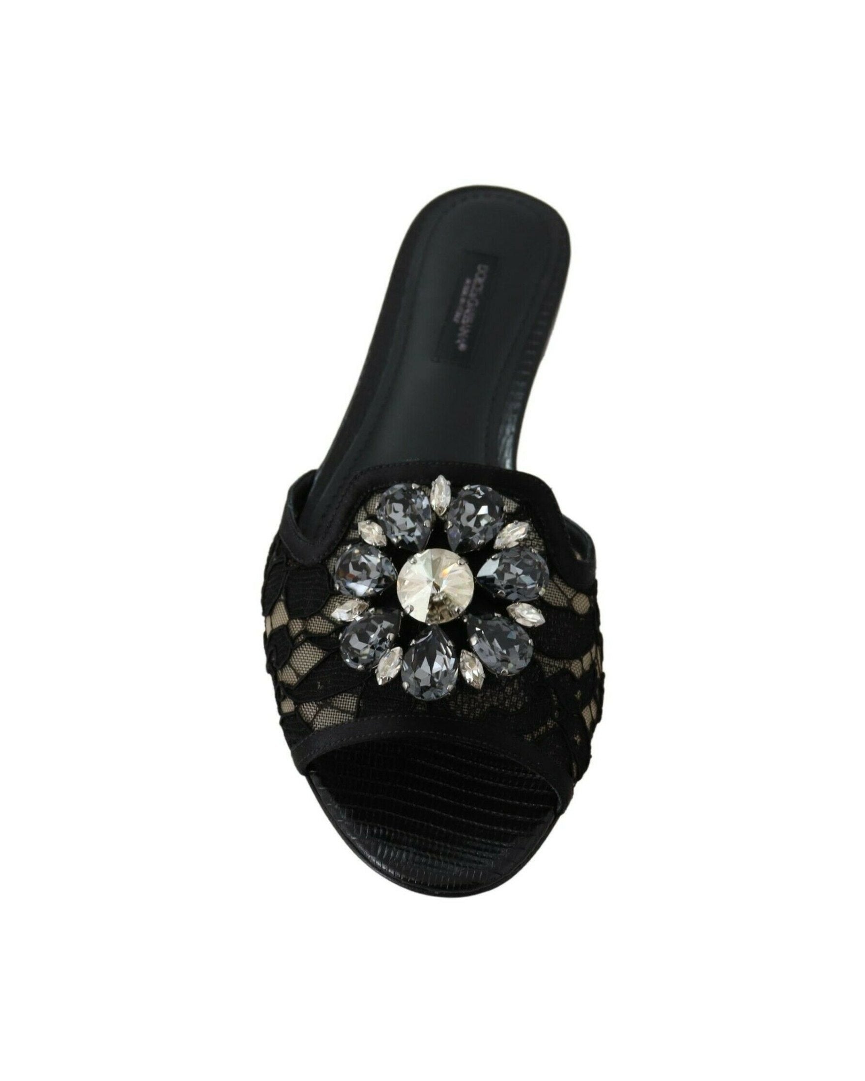 Dolce & Gabbana Black Lace Taormina Slides Crystals Flats Shoes Glam Steals