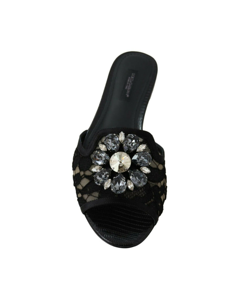 Dolce & Gabbana Black Lace Taormina Slides Crystals Flats Shoes Glam Steals