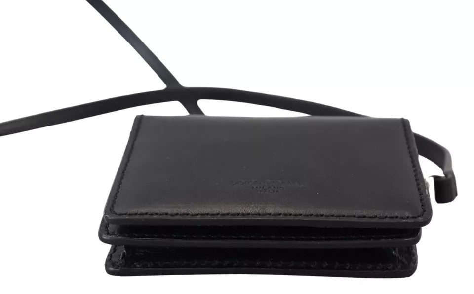 Dolce & Gabbana Black Leather Bifold Shoulder Sling Wallet Glam Steals