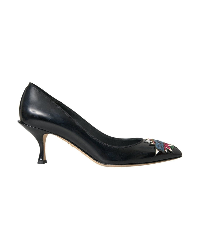 Dolce & Gabbana Black Leather Boom Patch Heels Pumps Shoes Glam Steals