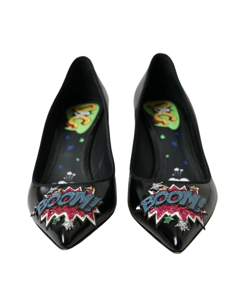 Dolce & Gabbana Black Leather Boom Patch Heels Pumps Shoes Glam Steals