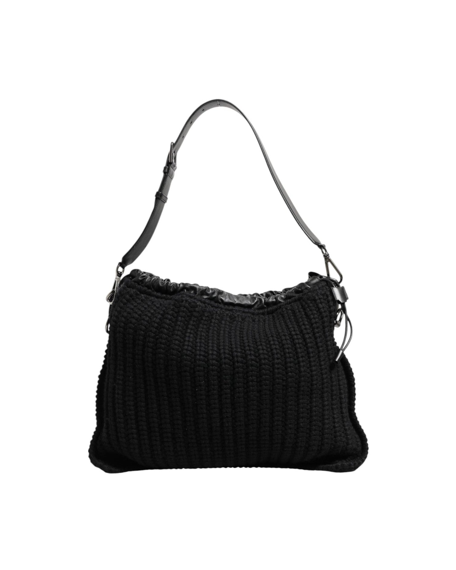 Dolce & Gabbana Black Leather Cashmere Knitted Shoulder Women Borse Bag Glam Steals