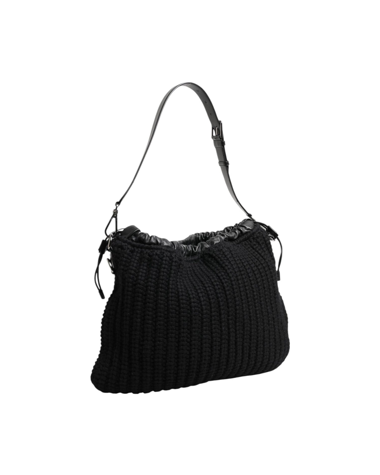 Dolce & Gabbana Black Leather Cashmere Knitted Shoulder Women Borse Bag Glam Steals