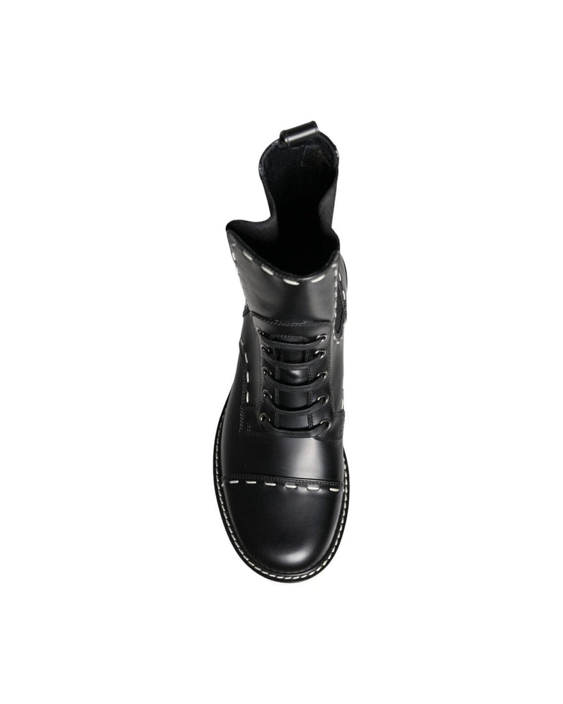 Dolce & Gabbana Black Leather Combat Mid Calf Boots Shoes Boots