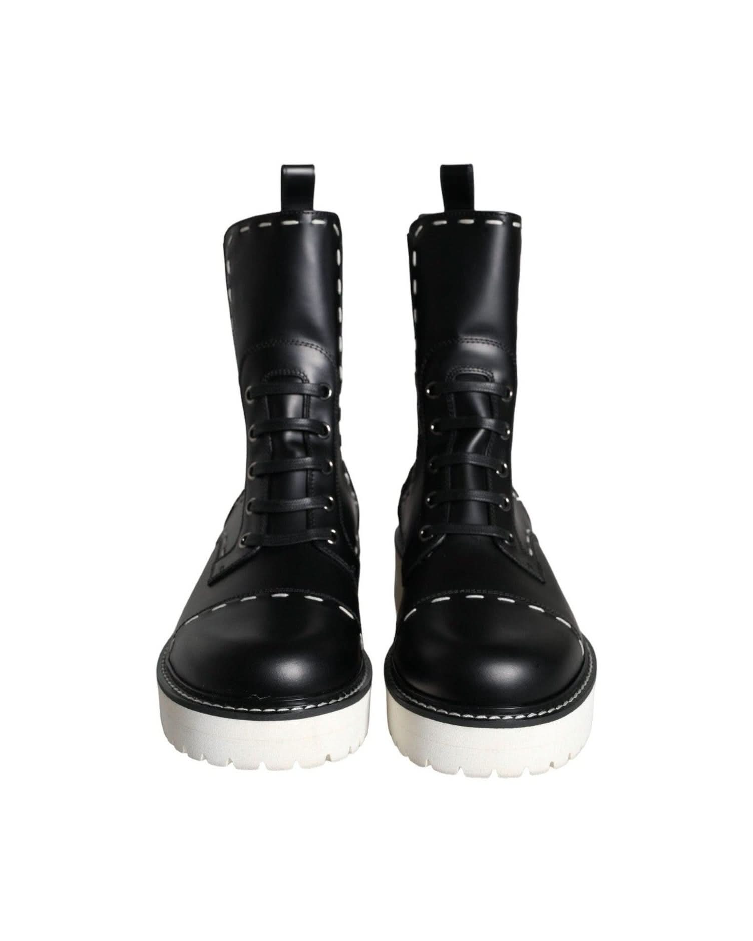 Dolce & Gabbana Black Leather Combat Mid Calf Boots Shoes Boots