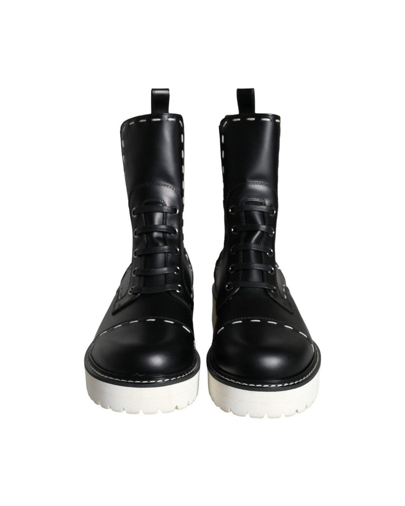 Dolce & Gabbana Black Leather Combat Mid Calf Boots Shoes Boots
