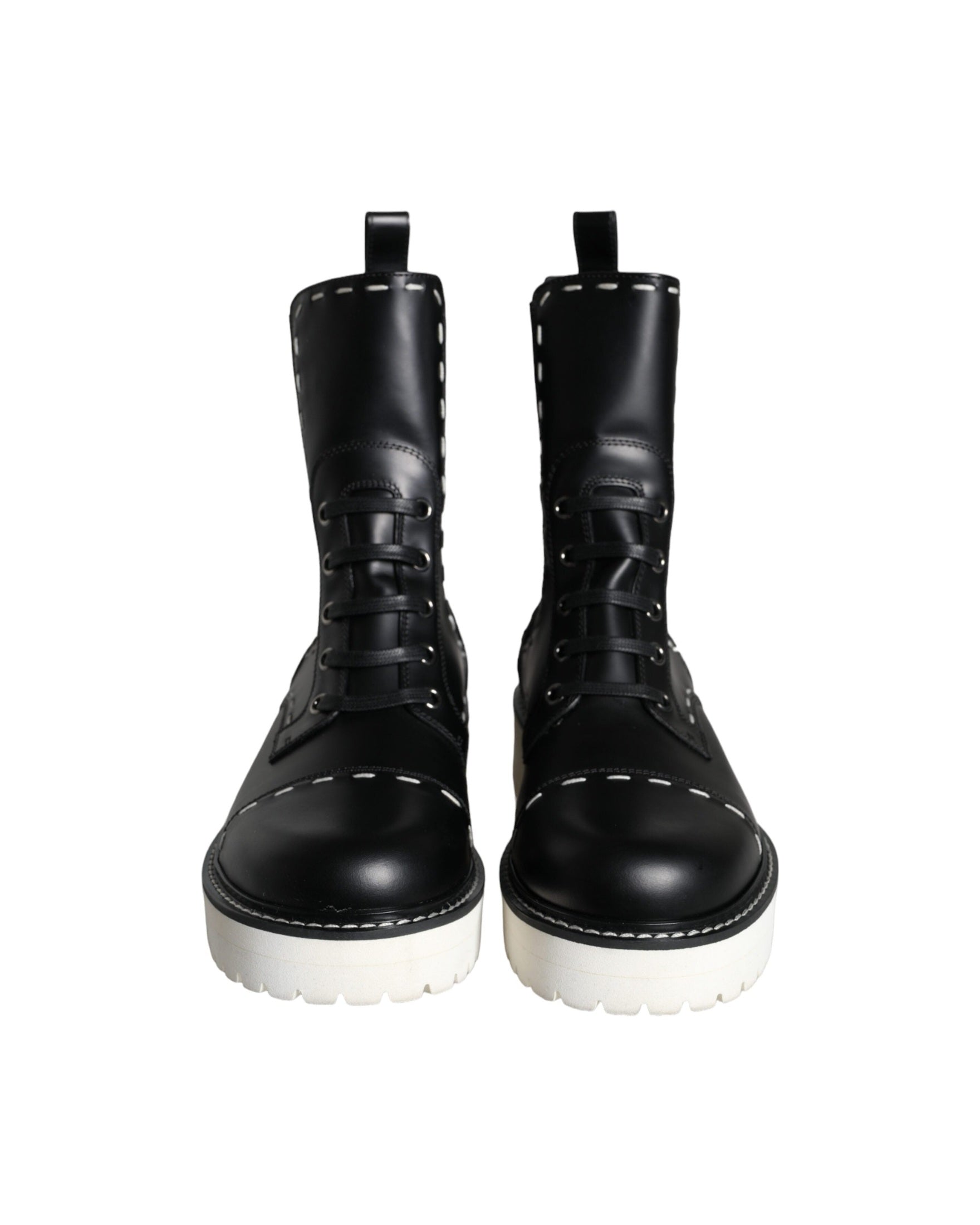 Dolce & Gabbana Black Leather Combat Mid Calf Boots Shoes Glam Steals