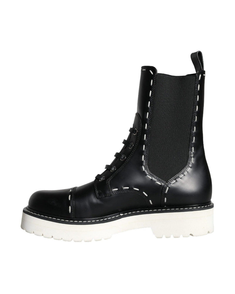 Dolce & Gabbana Black Leather Combat Mid Calf Boots Shoes Glam Steals