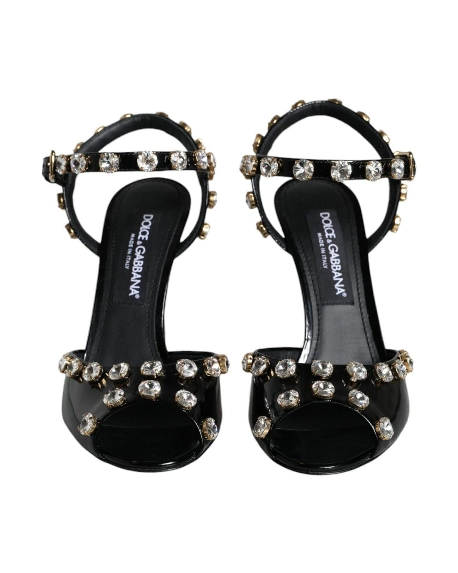 Dolce & Gabbana Black Leather Crystal Ankle Strap Sandals Shoes Heels