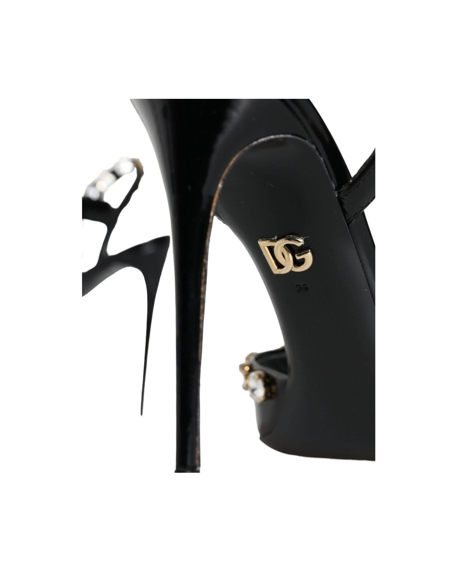 Dolce & Gabbana Black Leather Crystal Ankle Strap Sandals Shoes Heels