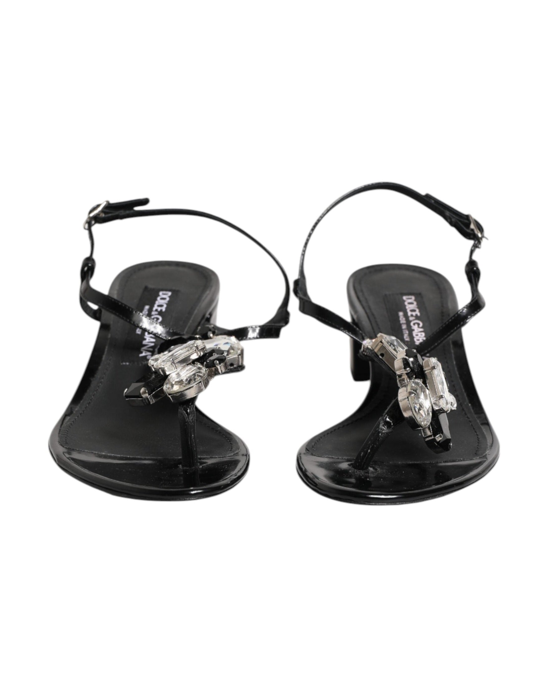Dolce & Gabbana Black Leather Crystal Ankle Strap Sandals Shoes Glam Steals