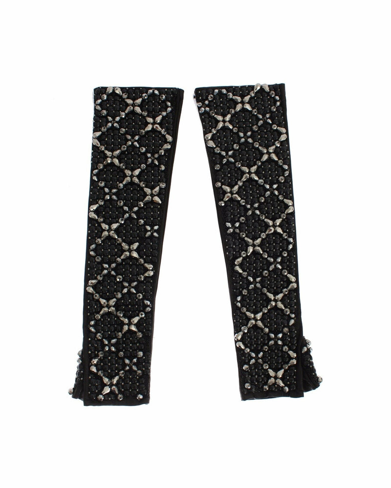 Dolce & Gabbana Black Leather Crystal Beaded Finger Free Gloves Glam Steals