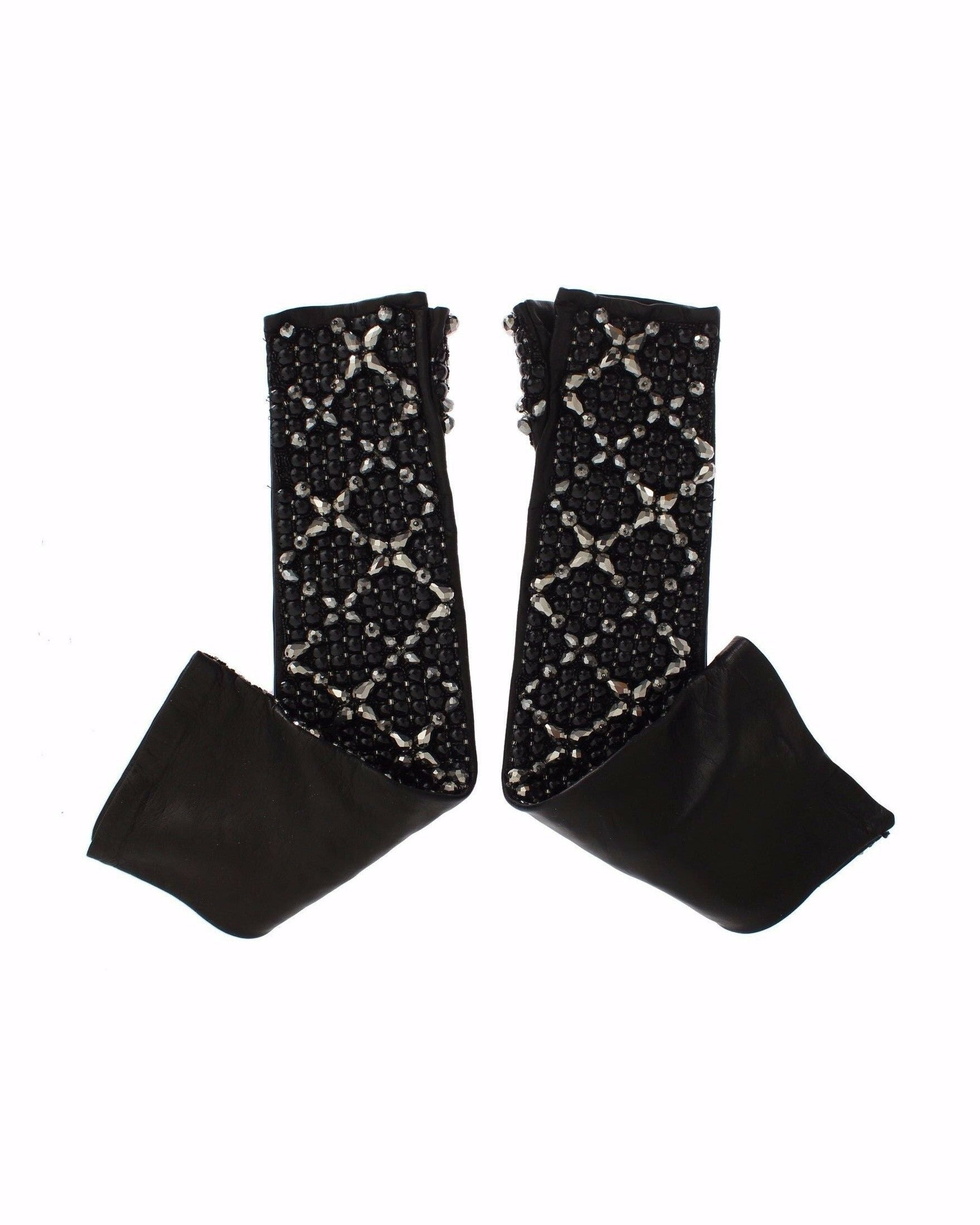 Dolce & Gabbana Black Leather Crystal Beaded Finger Free Gloves Glam Steals