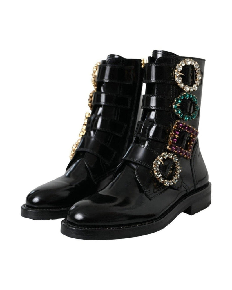 Dolce & Gabbana Black Leather Crystal Buckles Boots Shoes Glam Steals