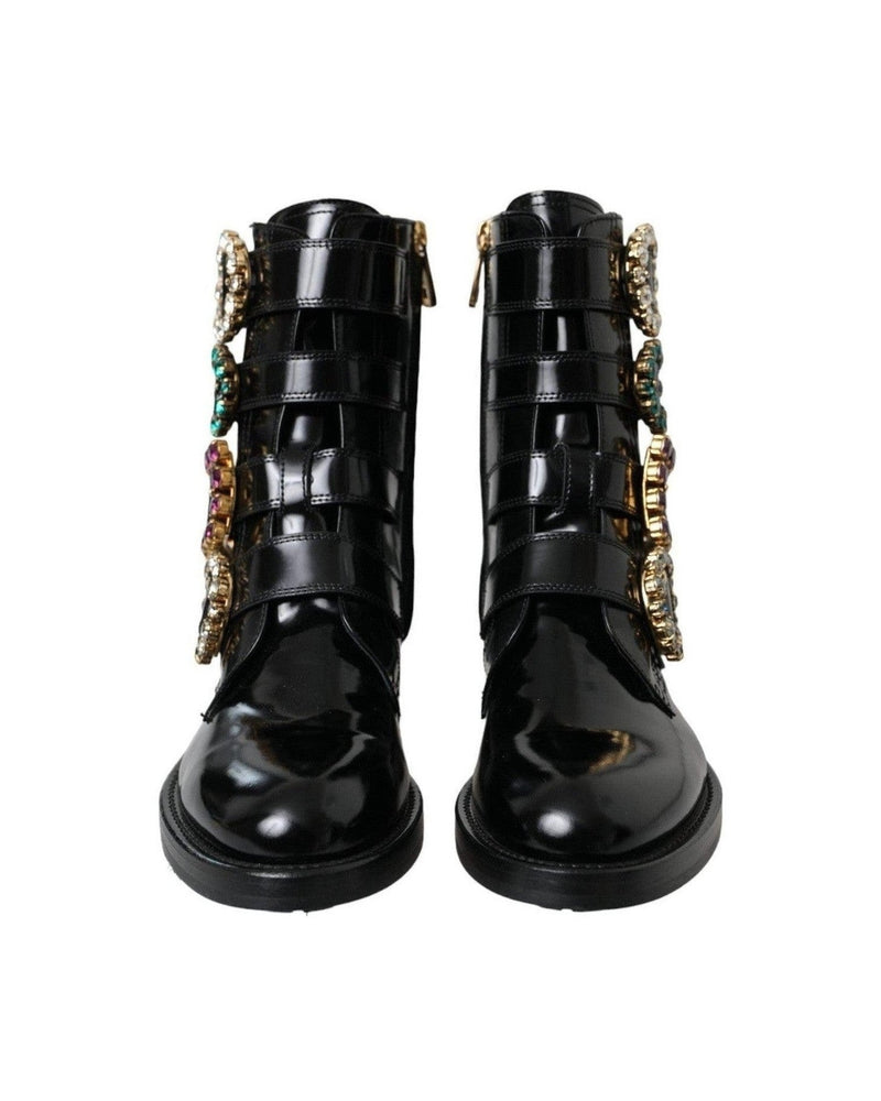 Dolce & Gabbana Black Leather Crystal Buckles Boots Shoes Glam Steals