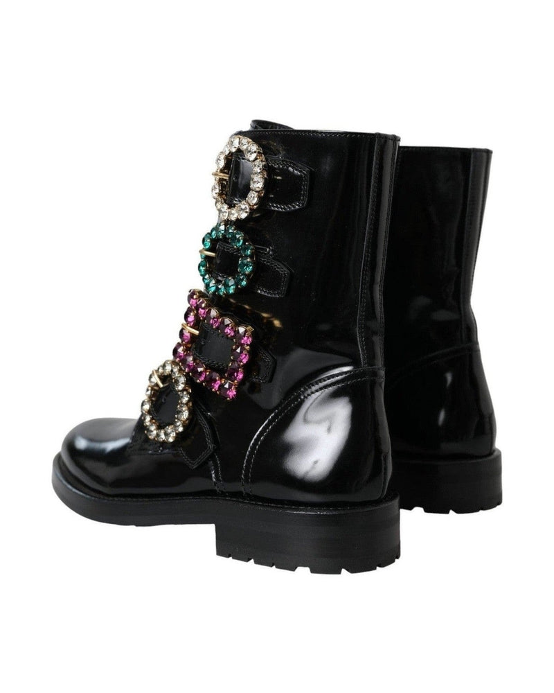 Dolce & Gabbana Black Leather Crystal Buckles Boots Shoes Glam Steals