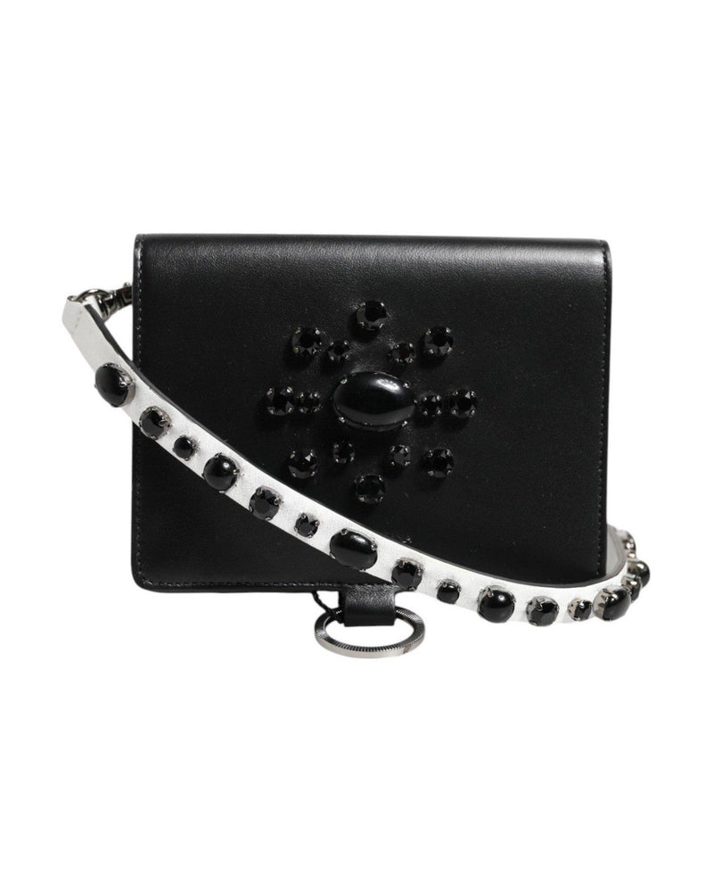 Dolce & Gabbana Black Leather Crystal Embellished Card Holder Wallet Card Cases