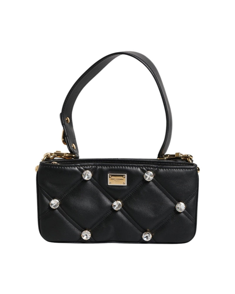 Dolce & Gabbana Leather Crystal Embellished Logo Shoulder Black Bag Glam Steals