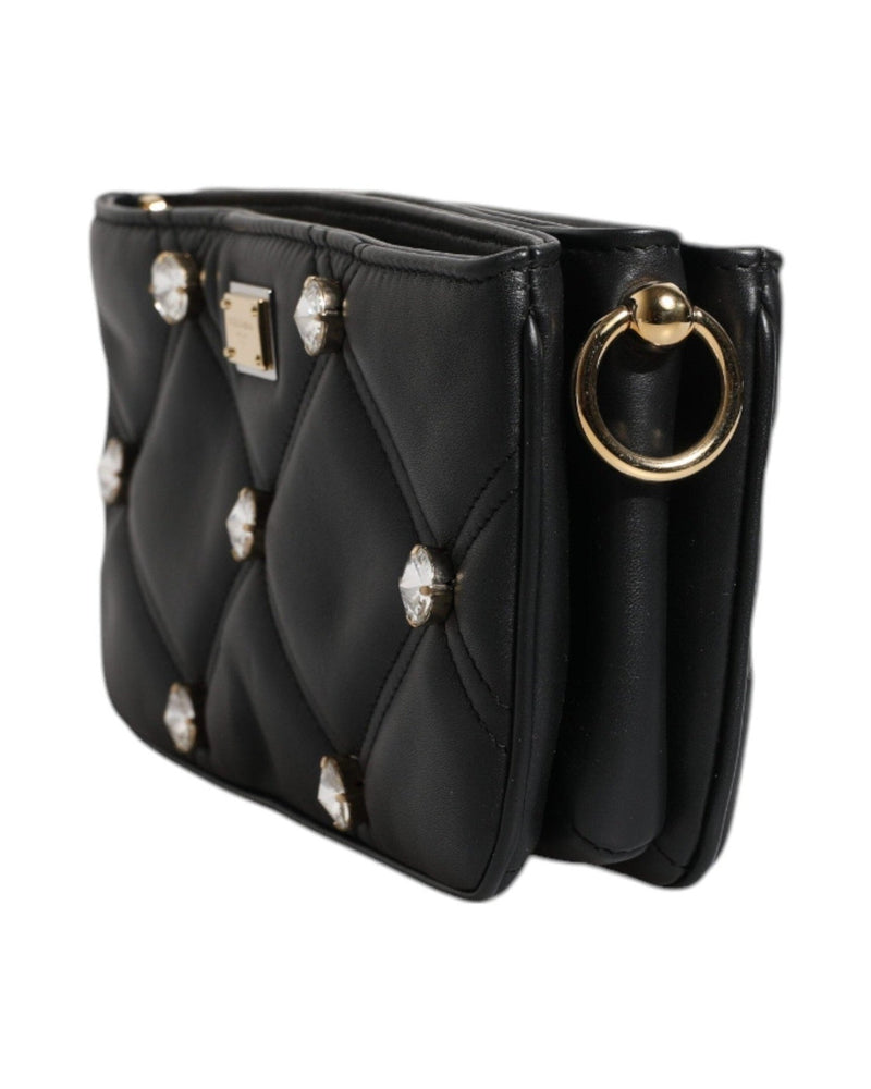 Dolce & Gabbana Leather Crystal Embellished Logo Shoulder Black Bag Glam Steals
