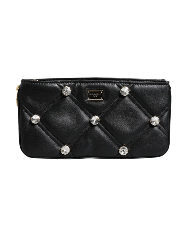Dolce & Gabbana Leather Crystal Embellished Logo Shoulder Black Bag Glam Steals