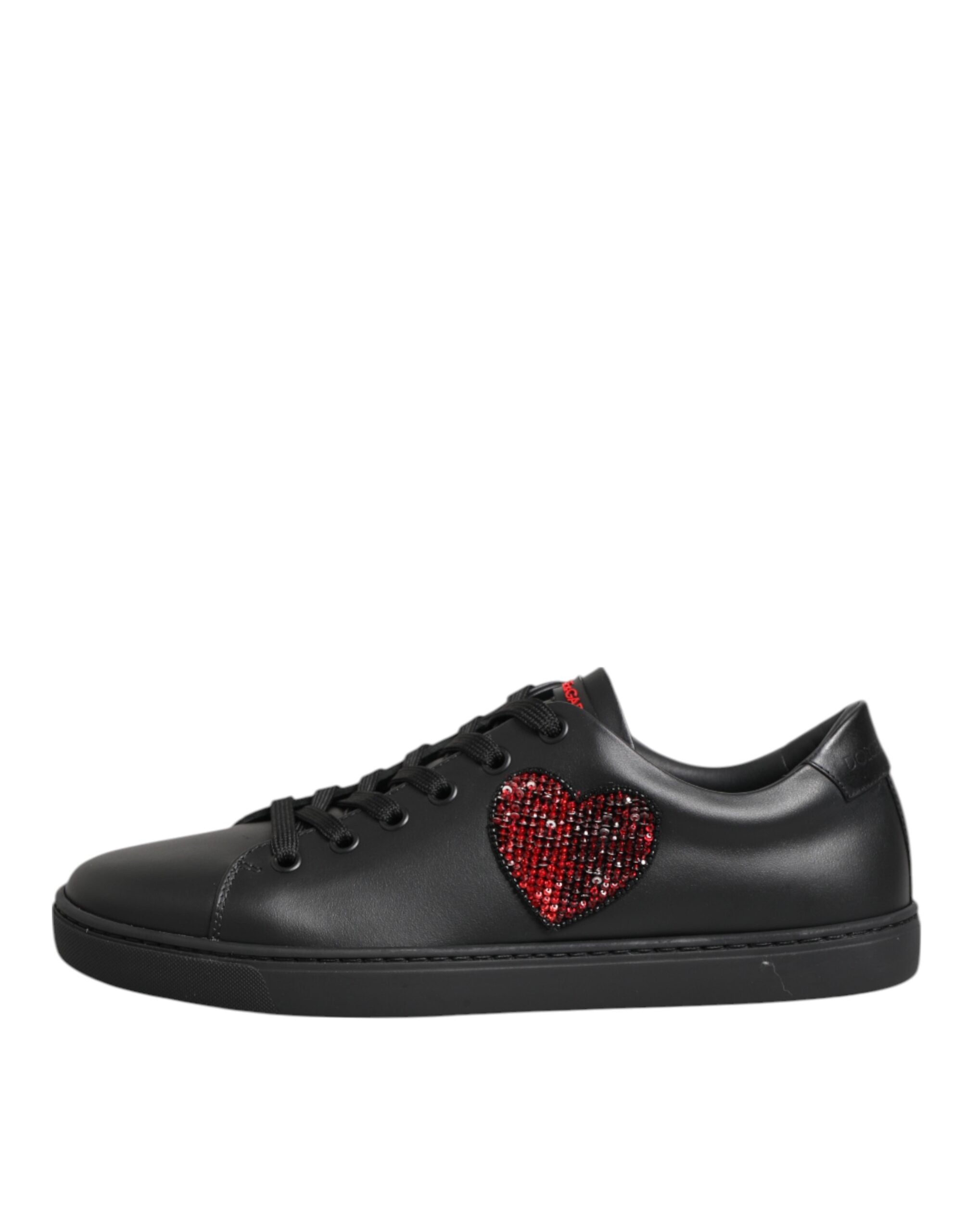 Dolce & Gabbana Black Leather Crystal Heart Low Top Sneakers Shoes Glam Steals
